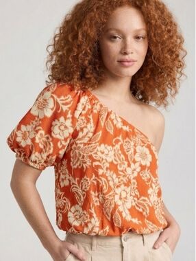 HURLEY Floral Boho Jipsy ONE Shoulder Top Burnt Orange White Puff Sleeve Size L
